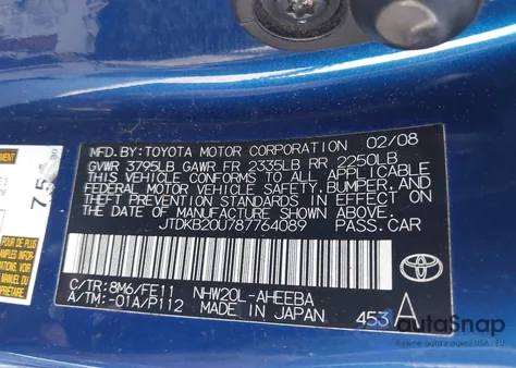 2008 Toyota Prius from USA, damaged, VIN JTDKB20U787764089